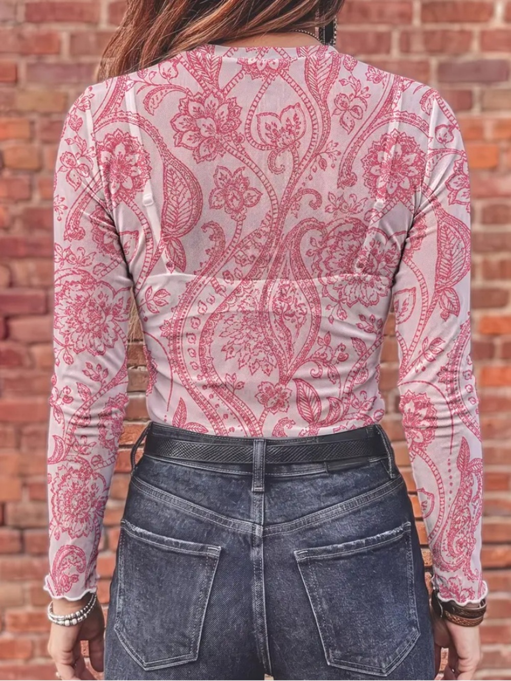 Pink Paisley Mesh Long-Sleeve Top - Picture 2 of 6